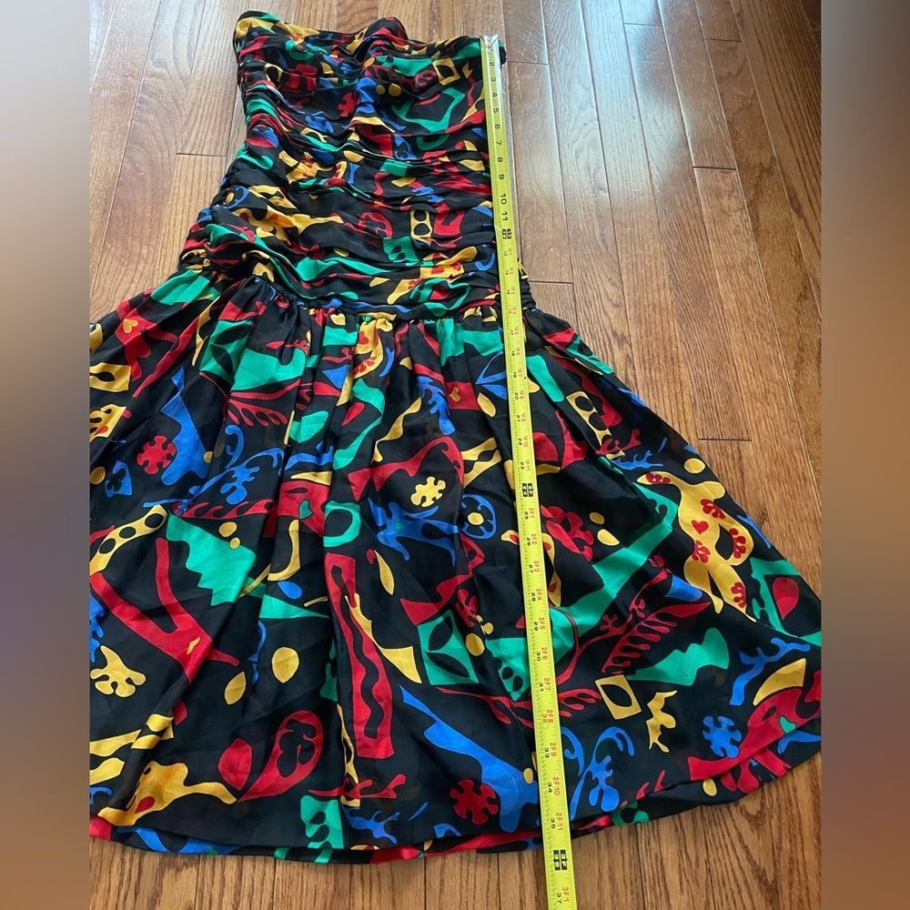 Albert Nipon Vintage 80s Strapless Print Black Dress 100% Silk Sz 6 - Picture 3 of 9
